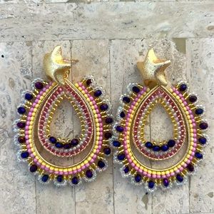 Handmade Colombian multicolor star Beaded Statement Earrings - Light Weight!